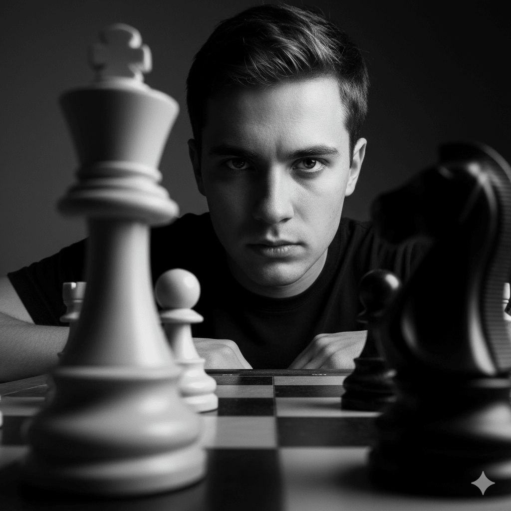 Power and Strategy: A Dramatic Portrait Behind the Chessboard — Realistic People (8K) AI Prompt