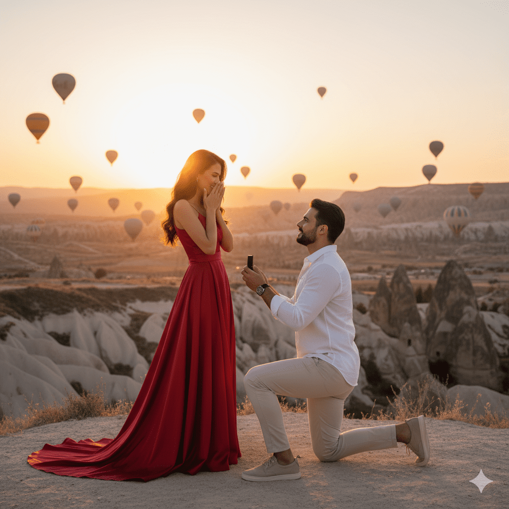 Sunset Proposal at Cappadocia — Couples AI Prompt