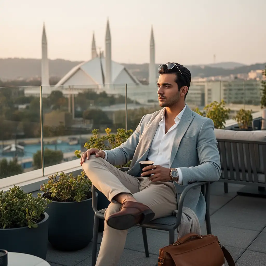 Stylish Rooftop Islamabad Portrait — For Men AI Prompt