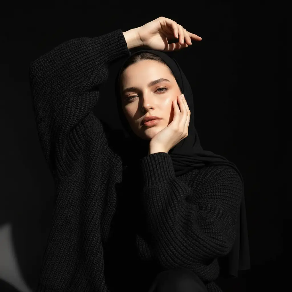 Chiaroscuro Luxe Knit Portrait — Fashion AI Prompt