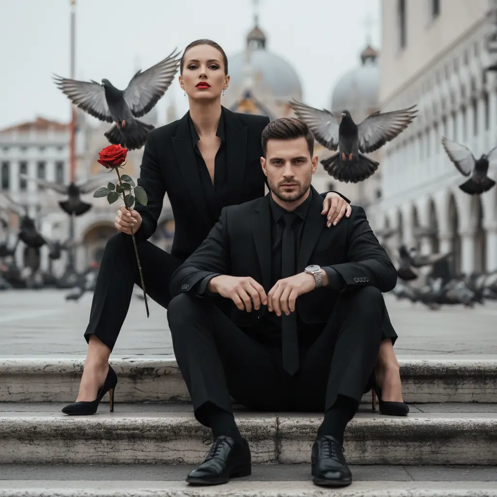 Venetian Noir Couple Portrait — Couples AI Prompt