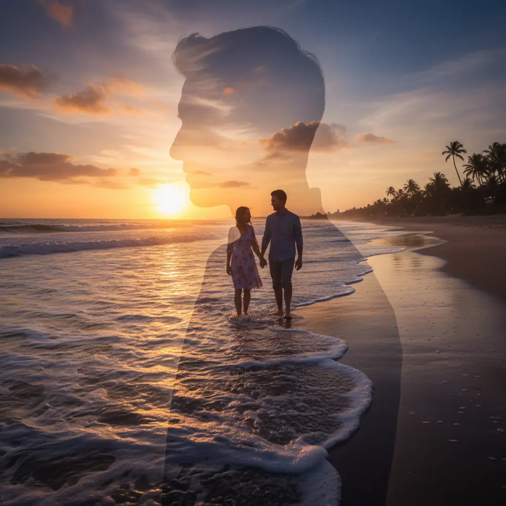 Sunset Beach Double Exposure — Couples AI Prompt