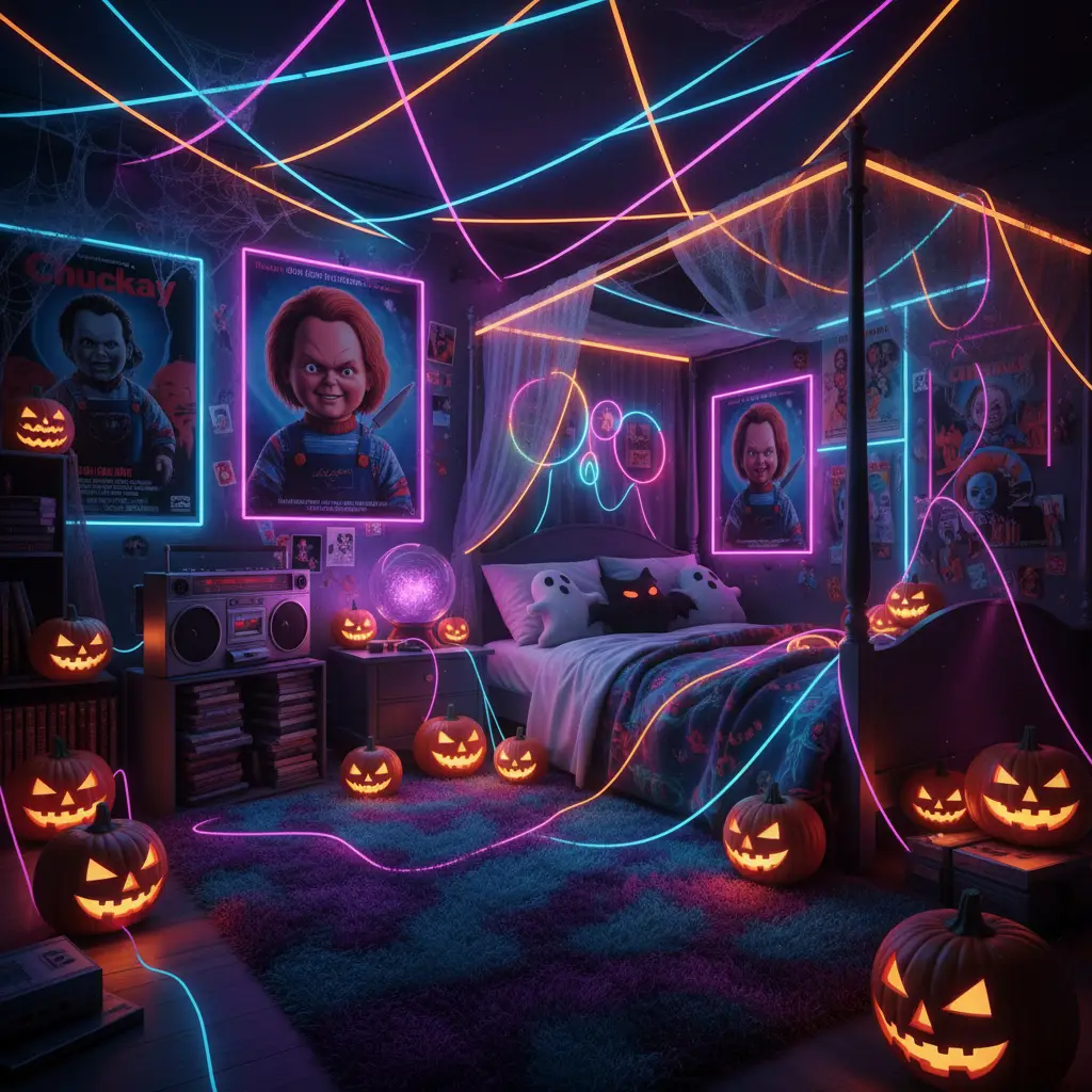 Spooky '80s Neon Halloween Bedroom — Backgrounds AI Prompt