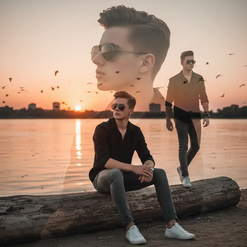 Sunset Riverbank Double Exposure — Realistic People (8K) AI Prompt