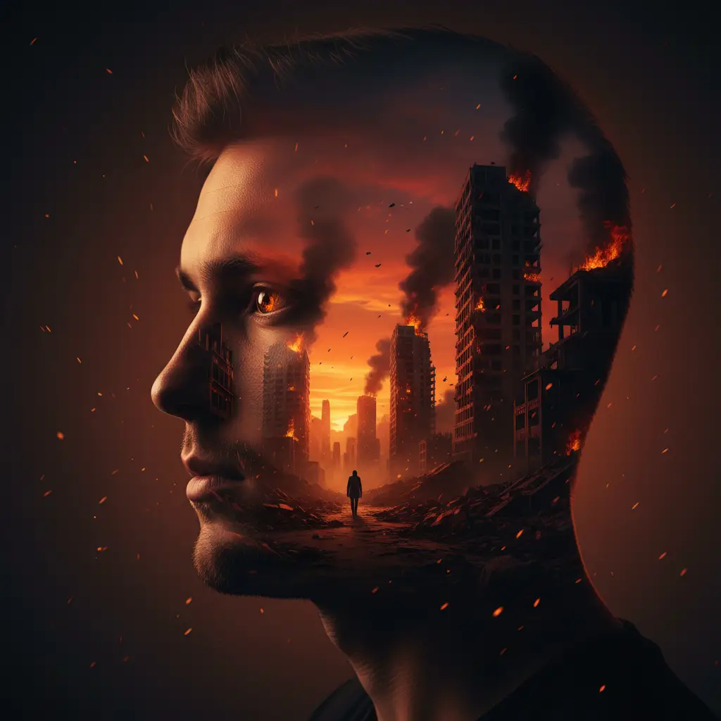 Apocalyptic Silhouette Double Exposure — For Men AI Prompt